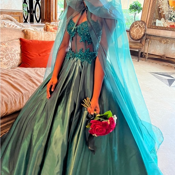 Custom emerald green dress with detachable ball gown skirt and sheer cape - Picture 2 of 4